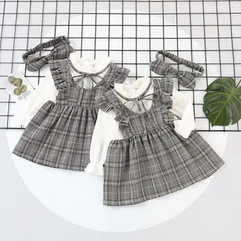 

Baby Girls Dress Sets 2Pcs Plaid Pattern Dresses Casual Long Sleeve Sundress+Headband