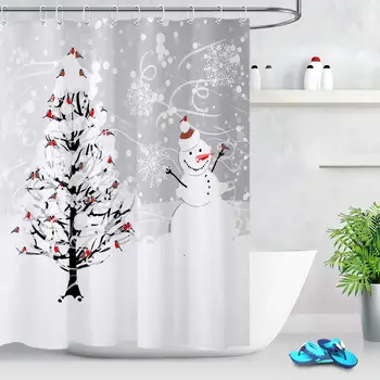 

Winter Holiday Theme Merry Christmas Shower Curtain Snowflakes Cardinals Birds on Snowy Christmas Tree with Cute Snowman