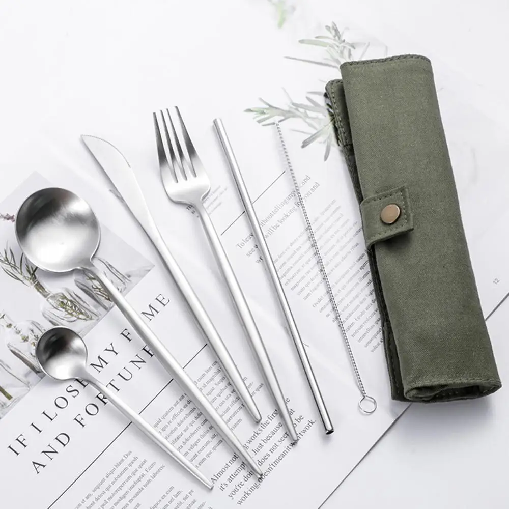 

6 in 1 Portable Utensils Fork Spoon Knife Straw Stainless Steel Outdoor Camping Hiking Traveling Tableware Set with Bags