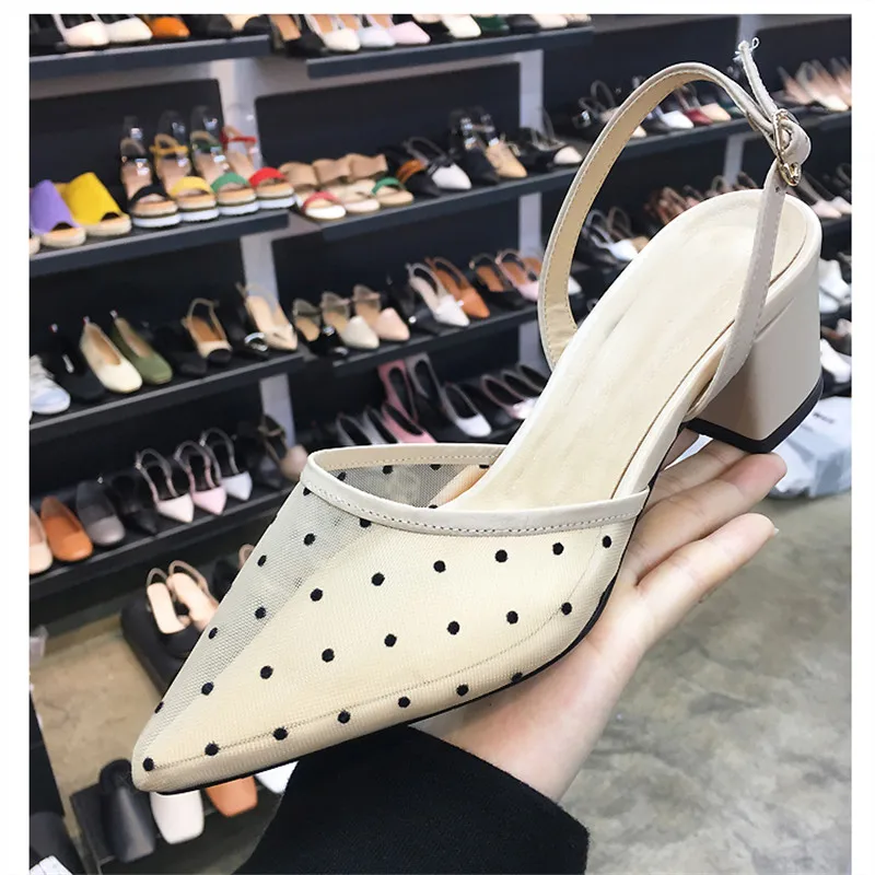 

2019 autumn new mesh polka dot women's slippers shallow mouth with pointed sandals