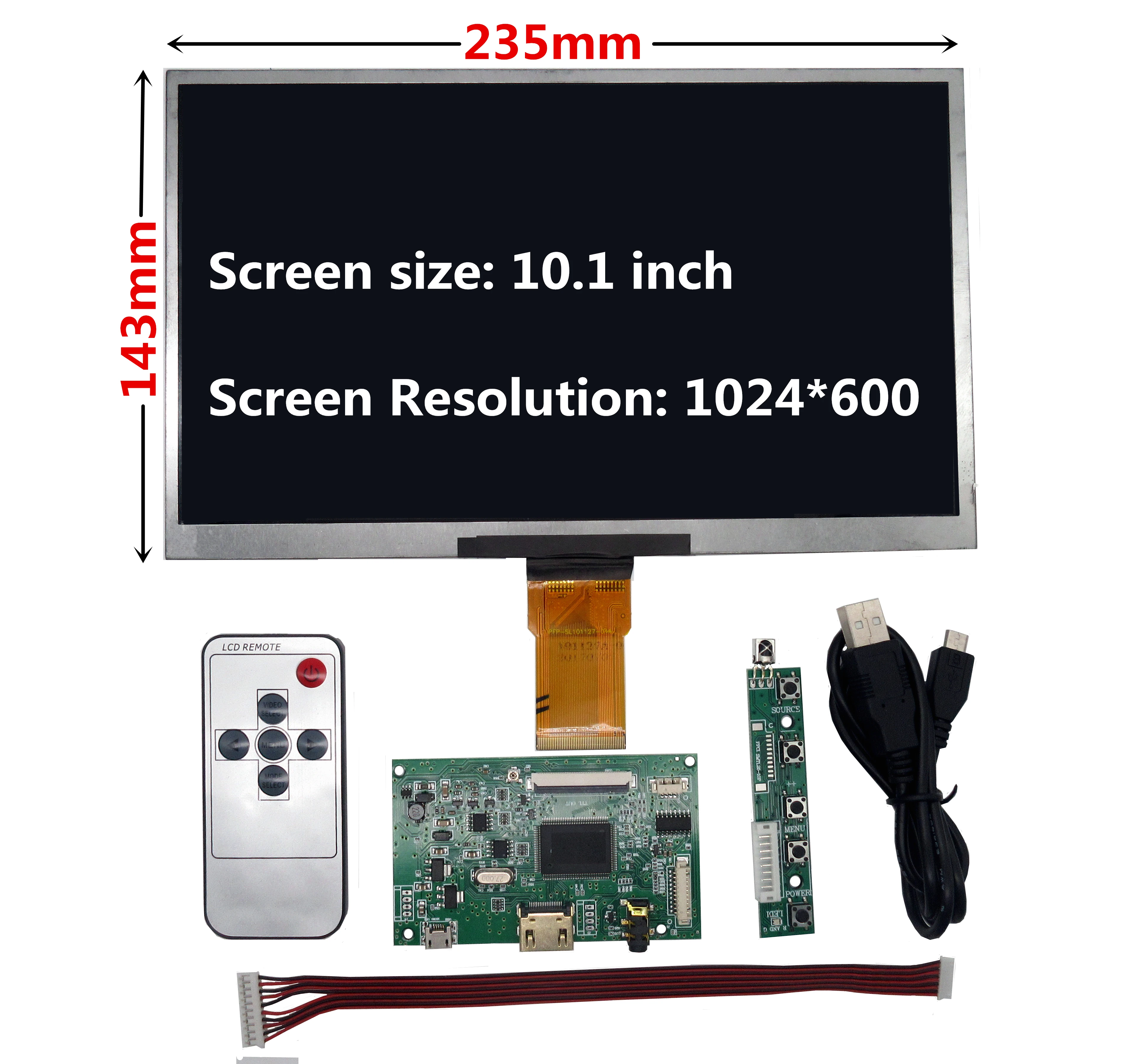 10.1,10 inch TFT LCD Display w/ HDMI+VGA+Video Driver Board for