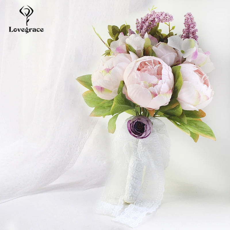 

Lovegrace Bride Wedding Bouquet Bridesmaid Holding Bouquets White Home Party Artificial Silk Peony Fake Flower Table Decorations