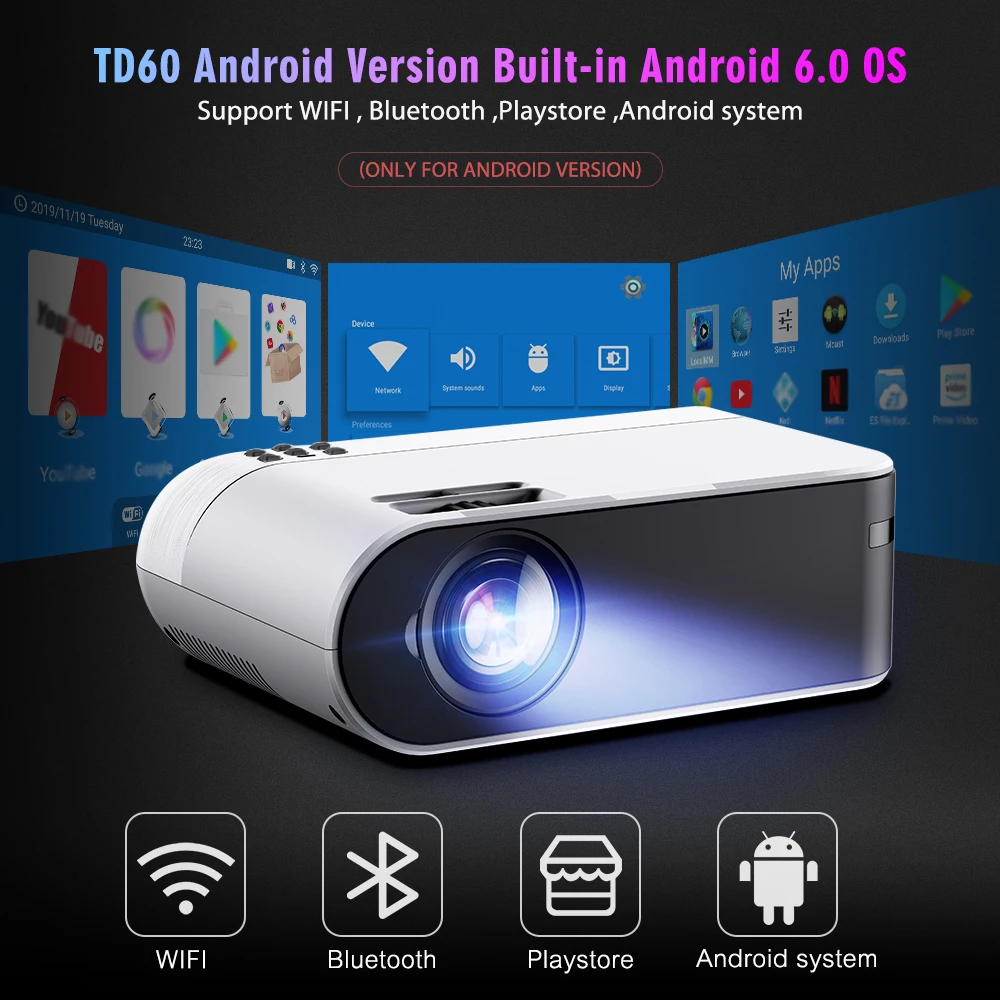 Thundeal TD60 mini portatil projetor full hd 3d led projector smartphone para espelhamento celular beamer home cinema em casa wifi android 6,0 sistema multi tela suporte 1080p video sincronização sem fio oferta-2