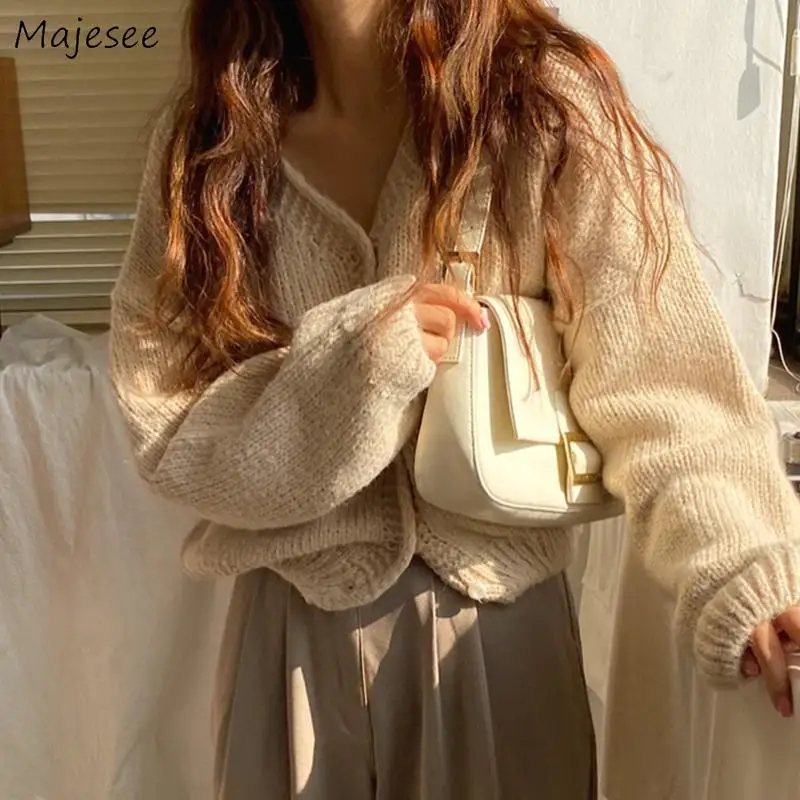 Cardigan Women Pink Sweater Loose Winter Thick All-match Candy Color Warm Knitted Cropped Elasticity Soft Aesthetic Solid Simple |