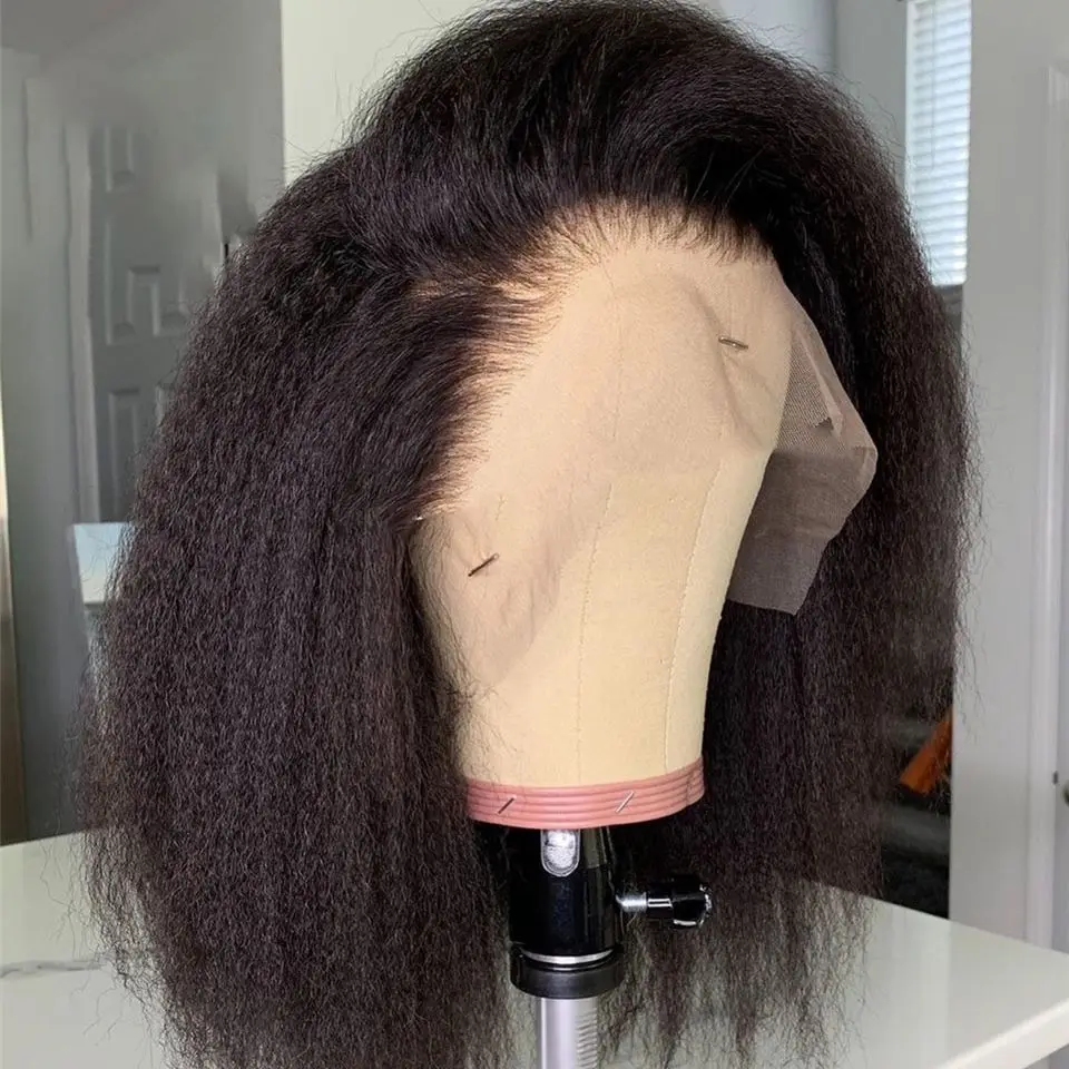 Middle Part Soft Yaki 180 Density Short Bob Kinky Straight Short Cut Wigs Natural Black Lace Front Wig For Women Daily Cosplay Middle Part Soft Yaki 180 Density Short Bob Kinky Straight Short Cut Wigs Natural Black Lace Front Wig For Women Daily Cosplay