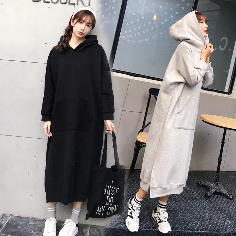 

2021Loose Large Big Size Women Clothing Dress Velvet Warm Long Sleeve Hoody Ladies Autumn Outfits Coat The Knee Fleece Sweat