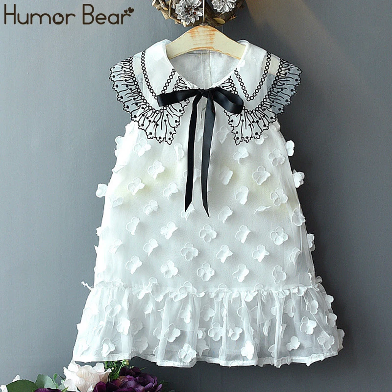 

Humor Bear Summer Girls Dress Children New Baby Kids Clothing Net Yarn Lace Lapel Princess Dress Party Cotton Baby Kids Dress