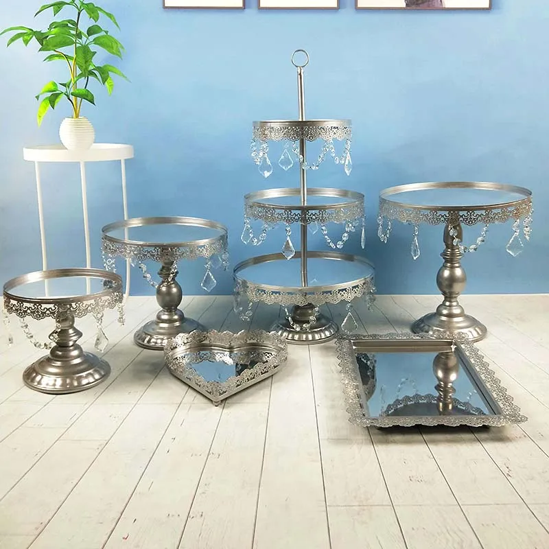 6pcs silver-1 1-7 шт/набор кекс Bling And Decoration display тарелка Хрустальная чашка Серебряное Зеркало Подставка для торта для свадьбы и вечеринки - Цвет: 6pcs silver-1