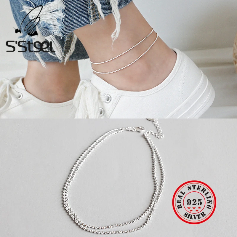 S'STEEL Double Layer 925 Sterling Silver Anklets For Women Bead Chain Bracelet Massif Boho Anklet Foot Acessorios Fine Jewelry S'STEEL Double Layer 925 Sterling Silver Anklets For Women Bead Chain Bracelet Massif Boho Anklet Foot Acessorios Fine Jewelry