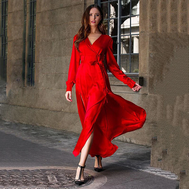 

New women's Bohemian deep V-neck dress with slit and long skirt wholesale