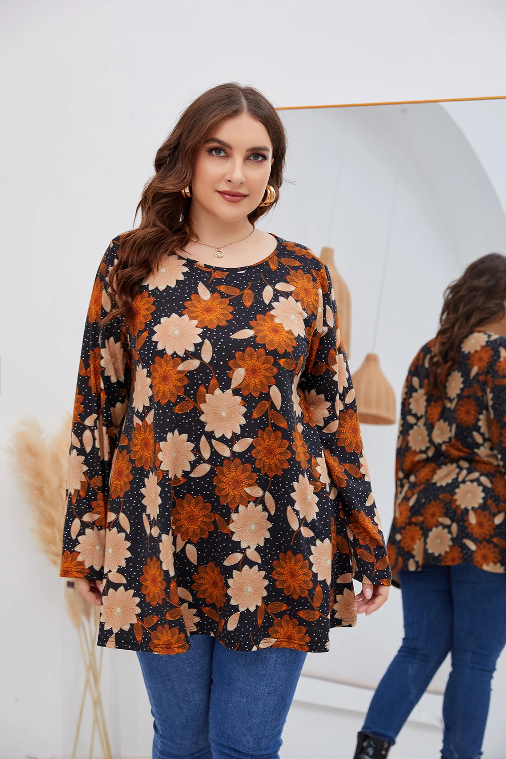 Gibsie Plus Tamanho Solto Impressão Feminina Camiseta Retro Casual O-pescoço Manga Comprida Camisetas Topos Feminino Outono 3xl 4xl 5xl Roupas Femininas 1 Plus size Tops