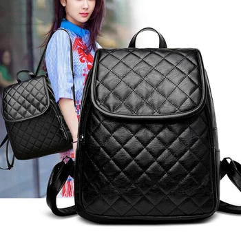 

New Fashion Black PU Leather Backpack Female Plaid Backpacks for Girls Women Spliced Casual Small School Bag Purse Bolsos Mujer