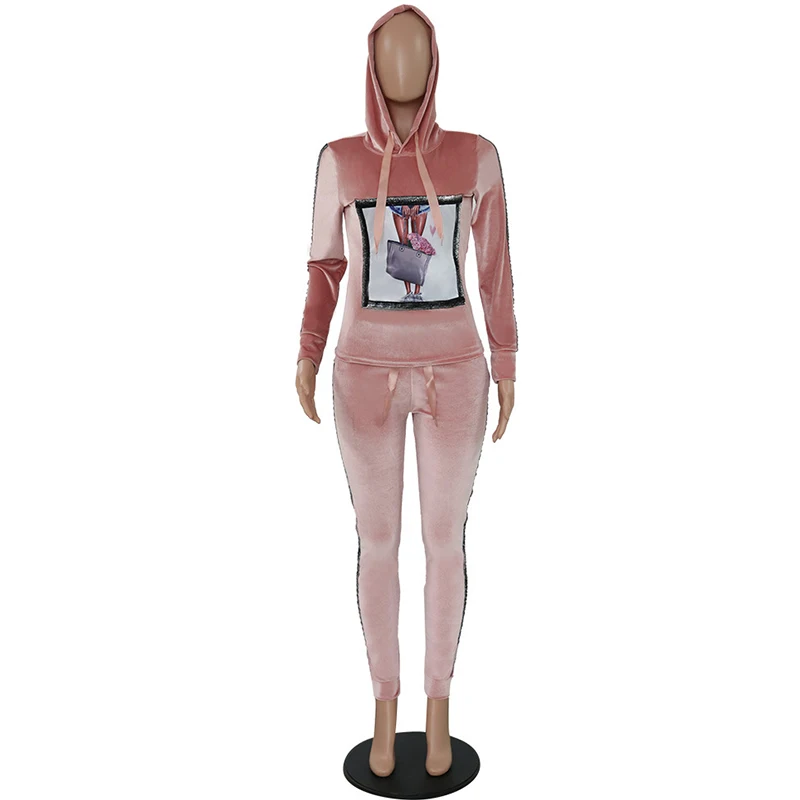 Комплект из двух предметов, бархатный женский велюровый спортивный костюм, толстовки с капюшоном, штаны для бега, лоскутные спортивные костюмы, спортивный костюм с рисунком, уличная теплая зимняя одежда, 2 предмета - Цвет: Розовый