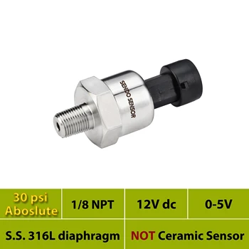 

1 8 NPT thread pressure sensor, 30psi, 2bar 200Kpa absolute, 0 5V output, AISI 316L diaphragm, 12VDC, 24Vdc supply