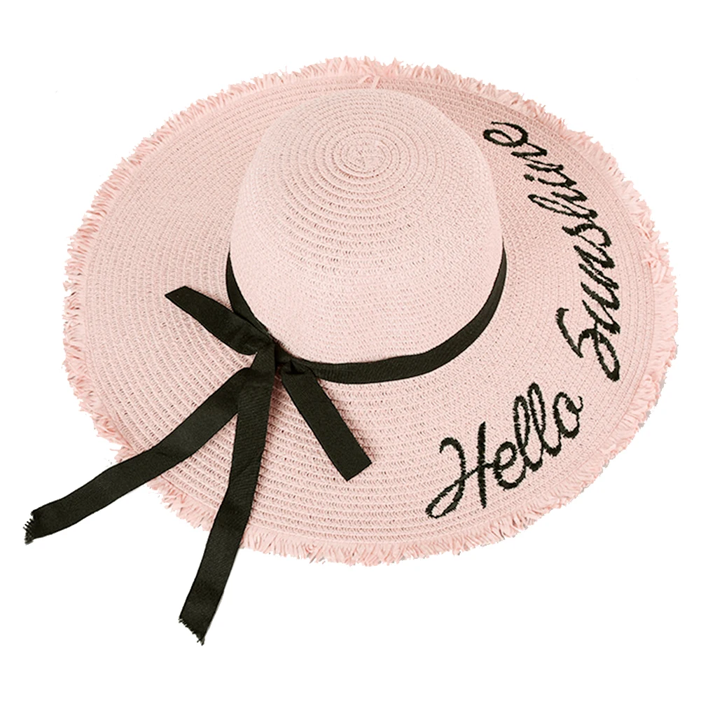 Light Pink Женская Регулируемая соломенная шляпа от солнца, пляжная кепка для кемпинга, с бантом, с широкими полями, с вышивкой, для пляжа, для улицы, летняя, с надписью, для прогулок - Цвет: Light Pink