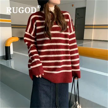 

RUGOD New Korean Style O-neck Plus Size Pullover Women Long-sleeve Stripe Sweater Winter Tops For Woman Fashion 2019