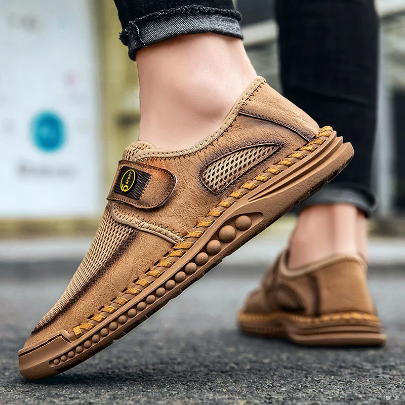 Summer Mens Casual Shoes Real Leather Mesh Breathable Mens Moccasins Denim Loafers Mens Sneakers Soft Platform Shoes Hot sale