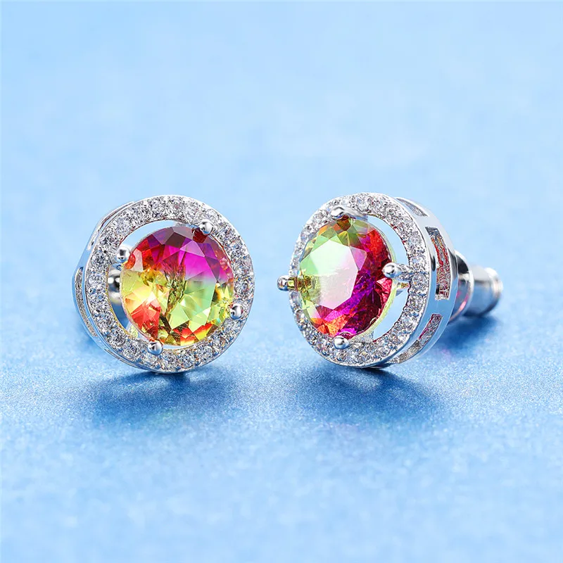 Rose Red Yellow Роскошные женские круглые синие зеленые элегантные серьги-гвоздики серебристого цвета серьги с цирконием винтажные свадебные серьги для женщин - Окраска металла: Rose Red Yellow