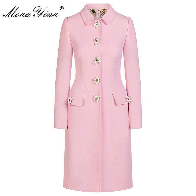 

MoaaYina Fashion Designer Pink Windbreaker Overcoat Autumn winter Women Long sleeve lily Button Keep warm Windbreaker Overcoat