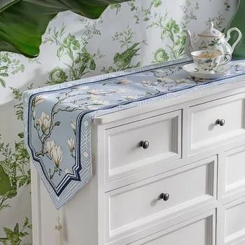 

DUNXDECO Table Runner Long Table Cover Fabric Modern Simple Chinese Palace Garden Style Blue Orchid Print Mat Party Dinner Decor