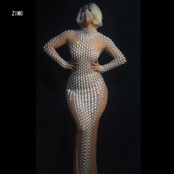 luxury big Pearl long dress for wedding party Birthday nightclub sexy mesh women dancer costume Singer celebrity festival outfit