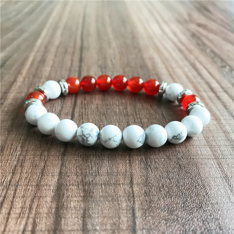 8 mm natürliches Howlith- und rotes Jaspis-Armband, Handgelenk-Mala-Armband, Yoga-Schmuck, bestes Geschenk für Freunde, elastische Armbänder – Detail 3