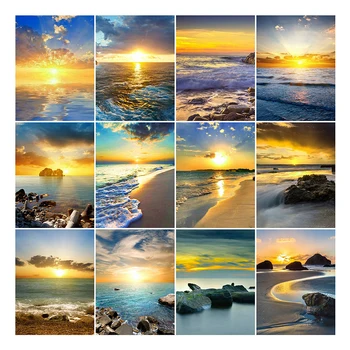 

LZAIQIZG 5D DIY Diamond Painting Beach Sunset Full Square/Round Diamond Embroidery Scenic Cross Stitch Mosaic Wall Decoration