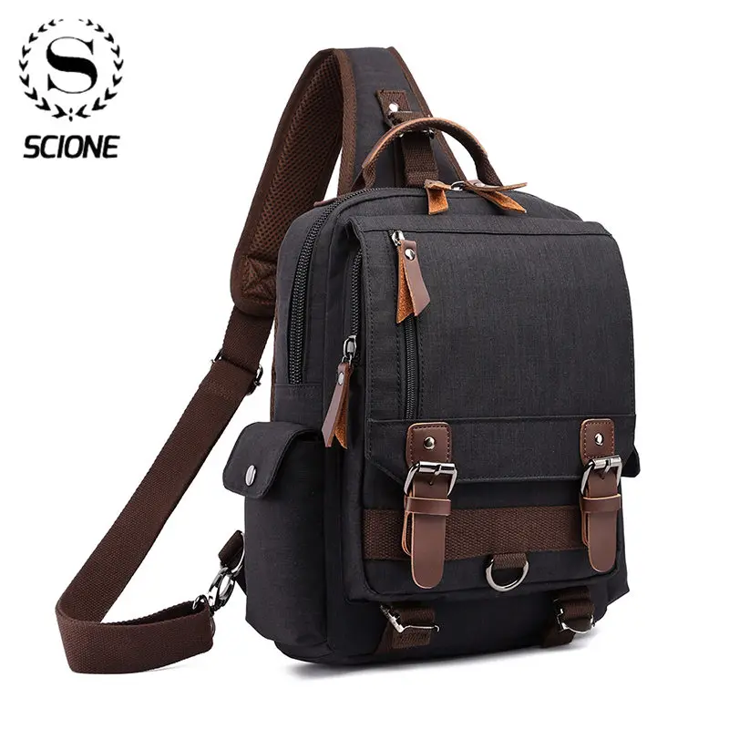 Scione Canvas Shoulder Bags for Men Retro Leather Military Messenger Chest Bag Crossbody Large Capacity Handbag |
