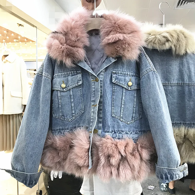 Новинка зимы, короткие, большие шерстяные, с воротником, джинсовые, для девочек, для девушек, для девушек, для женщин, с отстегивающимся натуральным лисьим мехом, с шерстяной подкладкой, хлопковые куртки для женщин