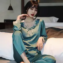 Lace Pj's 2PCS Sleepwear Women Satin Pajamas Suit Summer Pyjamas Casual Intimate Lingerie Long Sleeve  Lounge Wear