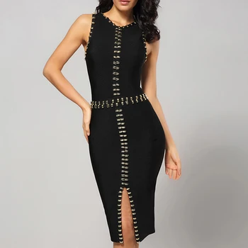 

Newest Women Bandage Dress Sleeveless O-Neck Beading Black White Sexy Split Club Celebrity Evening Party Bodycon Dress Vestidos