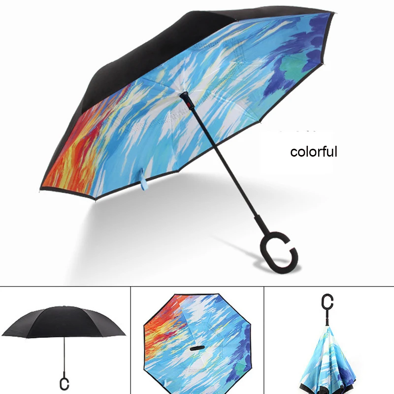 Анти УФ перевернутый обратный зонтик из бисера Ветрозащитный складной солнечный и дождливый для мужчин и женщин двойной слой Зонты стенд внутри - Цвет: colorful