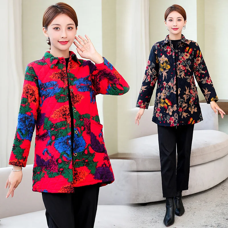

2019 New Style Autumn And Winter Middle-aged Women Dress Mid-length Cotton-padded Clothes Women's 50 Large Size Thin Cotton Loos