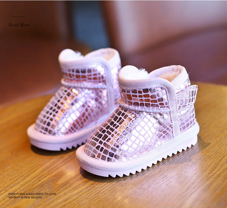 Sequins Baby Snow Boots Baby Girls Boys Shoes Genuine Leather Soft Bottom Children Shoes Short Boots Cotton Winter Snow Boots - Цвет: Розовый