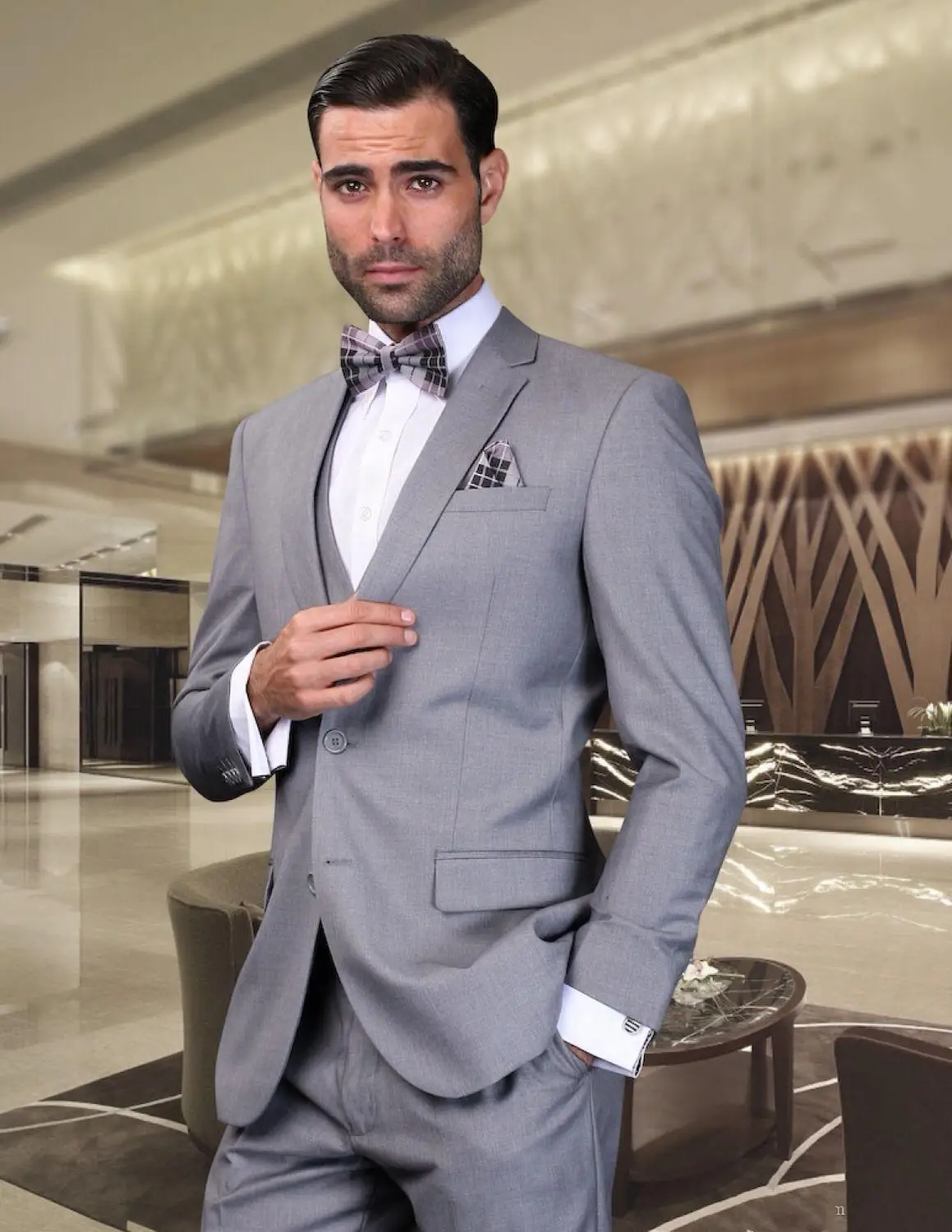 

Classic Fit Grey Groom Tuxedos For Men's Wedding Suits Male Formal Business Suits Notched Lapel Two Buttons (Jacket+Pants+Vests)
