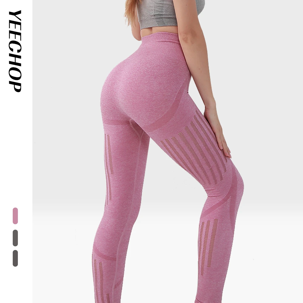 

Yeechop Seamless Sport Leggings Women High Waist Mesh Tummy Control Yoga Pants Fitness Vital Seamless Scrunch Butt Leggings