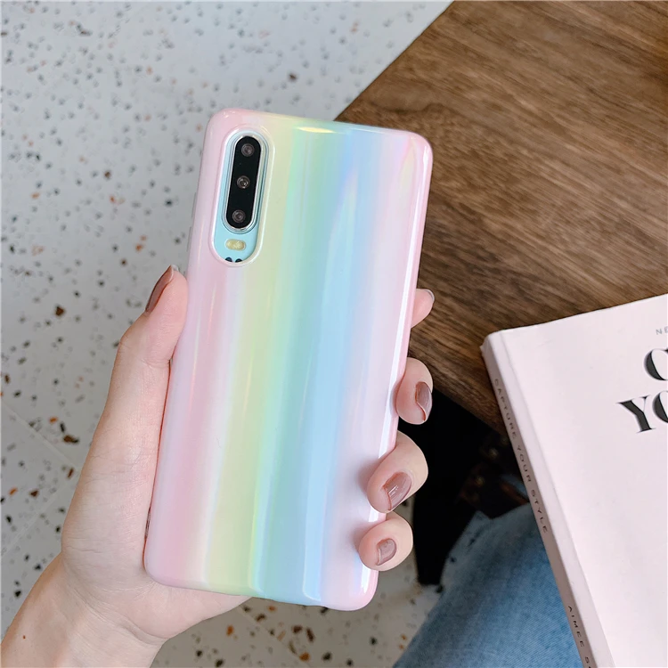 HXM Радужный градиентный лазерный чехол для телефона huawei P30 P20 Pro mate 20 Pro Nova 5 Роскошный глянцевый мягкий IMD чехол для телефона - Цвет: Бежевый