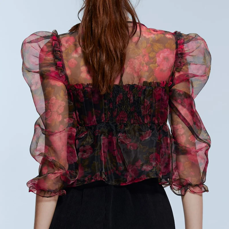 Floral Print Women Organza Blouse Sexy Puff sleeve Fashion Female shirts O-neck Holiday Pleated Crop tops Summer YNZZU YT746