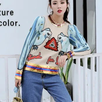 

Korea 2020 Autumn Winter New Embroidery Sequins Knitting Sweaters Women's Jackets Female wool Pullover Korean Tops A587