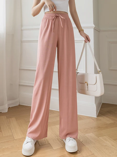 Slacks Women's Loose Summer Pants Soft Lce Silk Long Length Black Wide Leg  Thin Pants Women High Waisted Trousers Pink Black|Pants u0026 Capris| -  AliExpress