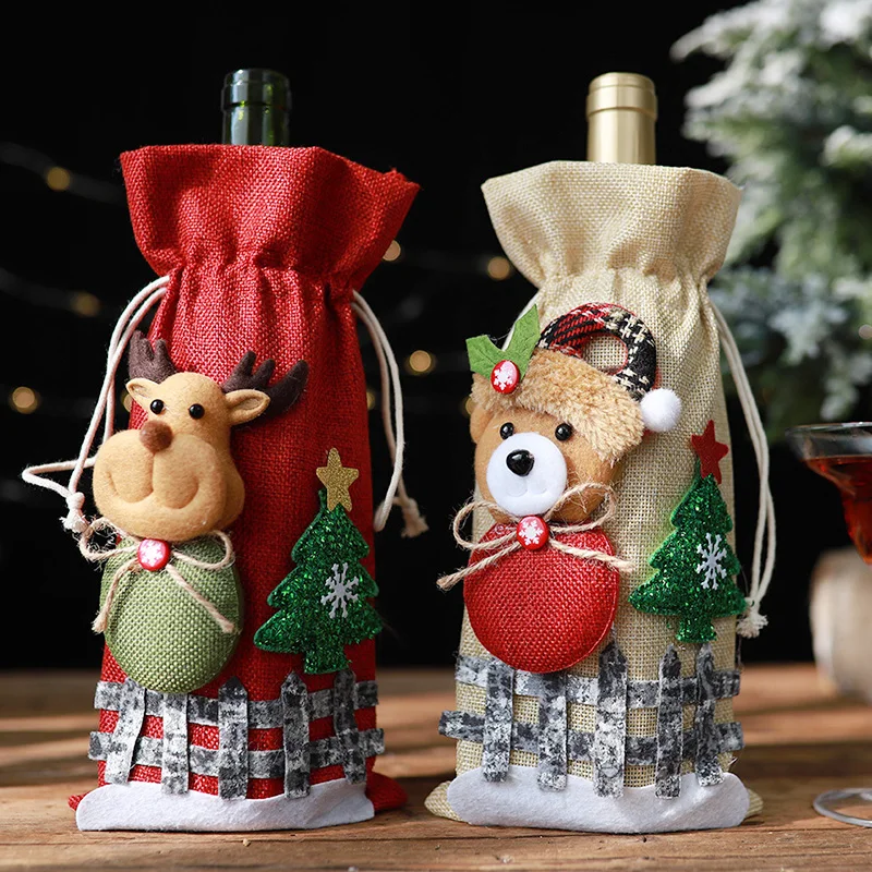 Christmas Red Wine Bottle Covers Case Bag Linen Holiday Santa Claus Champagne Bottle Cover Party Decoration Gift Wine Bottle Cover