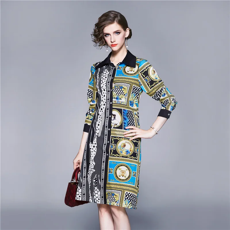 

Europe And America 2019 Versitile Fashion Waist Hugging Slim Fit Slimming Contrast Color Floral Printed Dress Shirt Women's