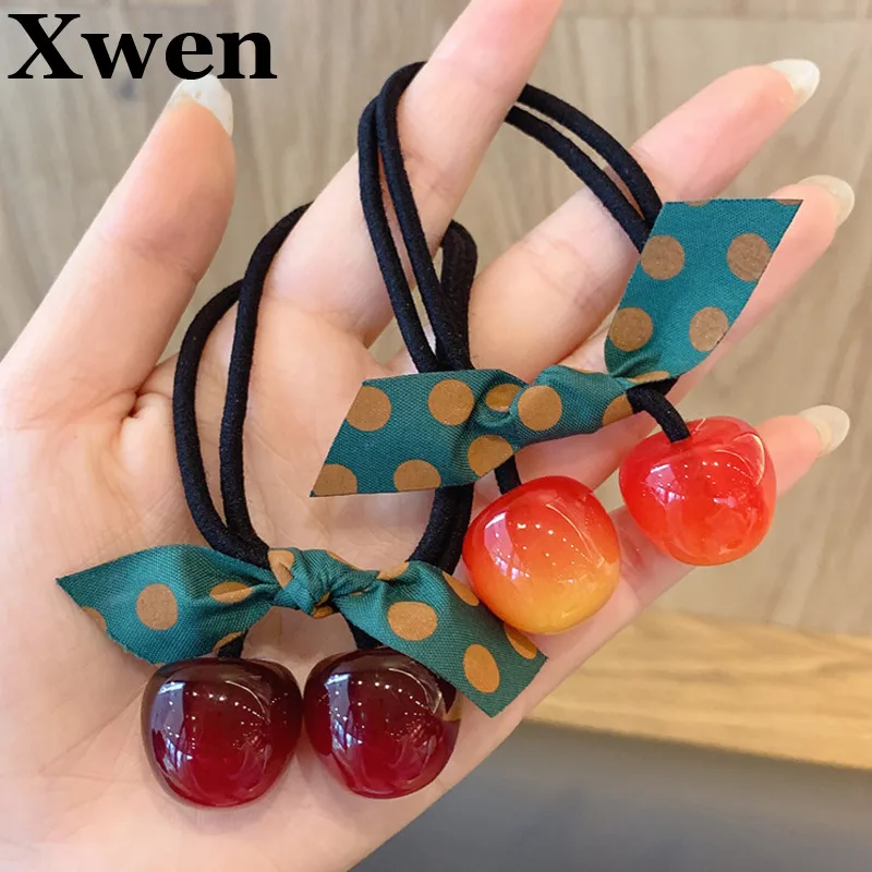 

[Xwen] New Girl Lovely Cherry Hair Band Elastic Rubber Bands Female Dot Printed Bow Hair Rope Headdress Fashion Hair Accessories