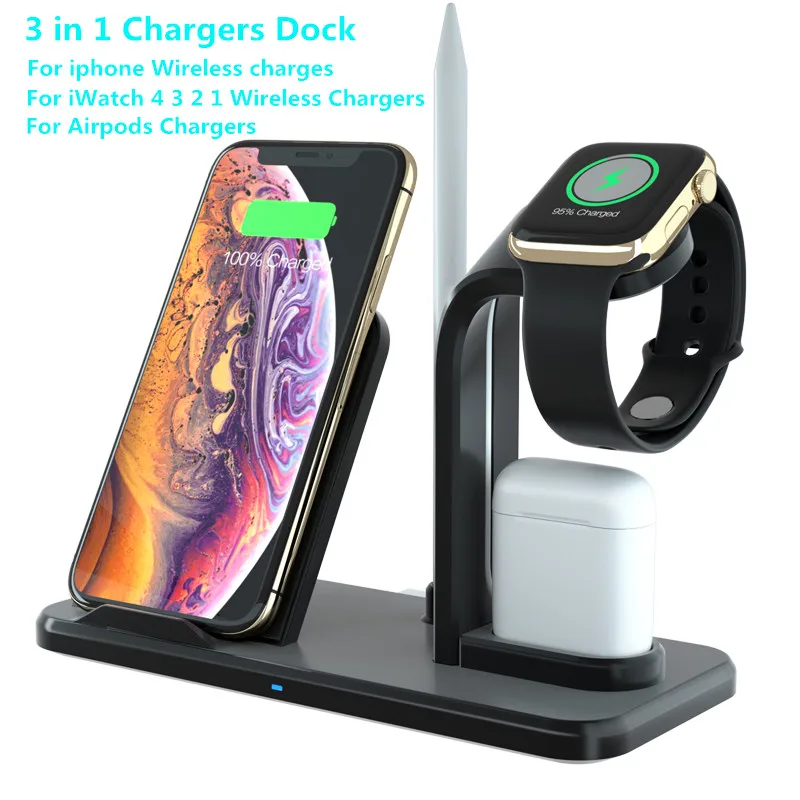 

3 in 1 10W Fast Charging Qi Wireless Charger for Apple Watch 1 2 3 4 For iPhone XR XS Max X8 For Samsung S9 S10 S10+ For AirPods