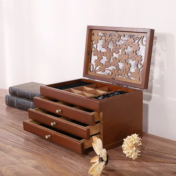 

4 layer luxury fashion women wooden jewlery box brown color women jewelry Portable Storage Organizer 200807-67