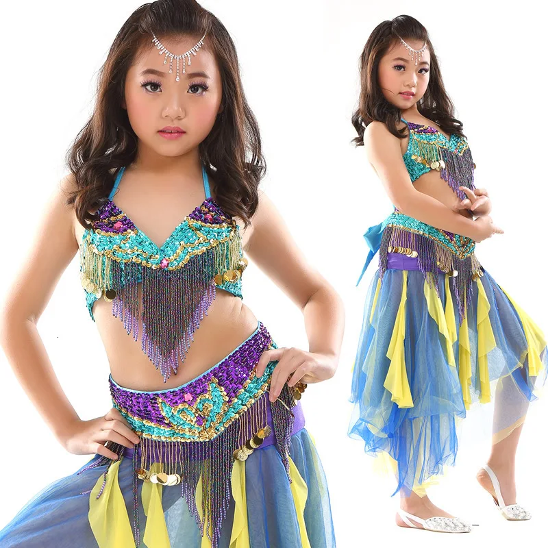 Girl Bollywood Dance Wear Child Belly Dance Clothing 3pcsSet Beaded Bra Belt Skirt Indian Kids Bellydance Performance Costume (1)