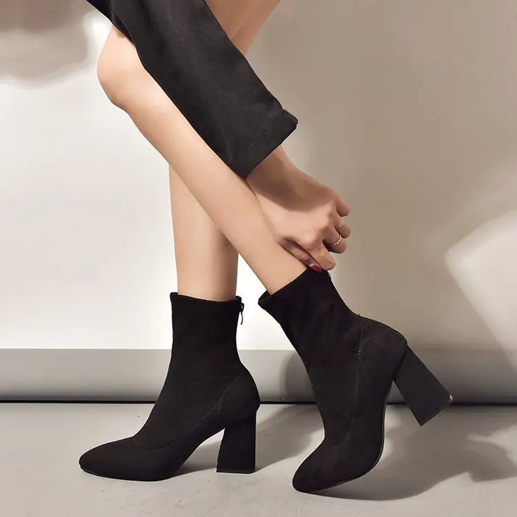 

Chunky-Heel Small Short Boots Women's High-Heel Bounce Socks Stovepipe Boots Large Size Suede Pointed Boots 2018 Spring And Autu