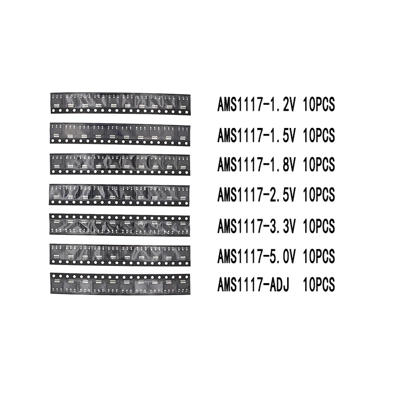 70/LOTE AMS1117 Voltage Regulator Kit 1.2V/1.5V/1.8V/2.5V/3.3V/5.0V/ADJ 1117 7 Values Each 10PCS SOT223 - 502