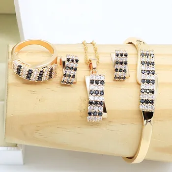 

Champagne gold Bridal Jewelry Set for Women Black Zircon Bracelet Earrings Necklace Pendant Ring Birthday Gift
