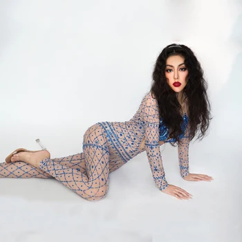 

Blue Rhinestone Bra Long Sleeves Transparent Jumpsuit Birthday Leggings Big V-Collar Outfit Women Dancer Party Wear DT3008